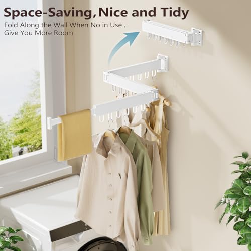 JAUREE Wall Mounted Clothes Drying Rack White - Space-Saving & Foldable Laundry Organizer with 18 Hooks