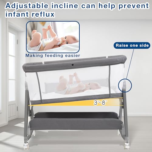 Jixrolyn 3-in-1 Baby Bassinet Bedside Sleeper Grey, Adjustable Height & All-Air Mesh
