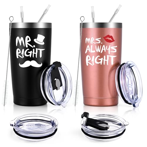 Qtencas Wedding Tumbler Set for Couple Mr. Right Mrs. Always Right Black/Rose Gold - Double Wall Insulated Gift
