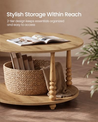 VASAGLE 2-Tier Round Coffee Table with Storage - Natural Brown