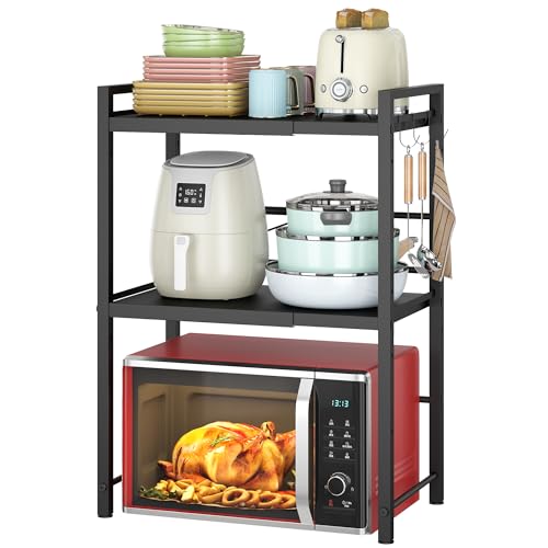 Black 3-Tier Expandable Microwave Oven Rack with Hooks - Space-Saving Kitchen Organizer