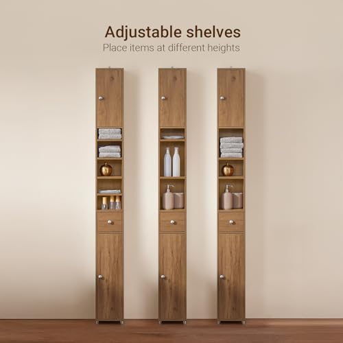 Natural Narrow Bathroom Storage Cabinet with Adjustable Shelves - Tall Floor Unit