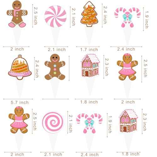Pink Christmas Gingerbread Cupcake Toppers 48PCS Gingerbread Man Cake Decorations Candy Xmas Tree Cupcake Picks Christmas Party Decorations for Winter Holiday Baby Shower Birthday Supplies