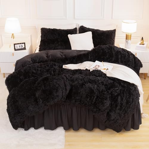 Andency King Size Faux Fur Comforter Set Black 104x90 with Pillow Shams - Fluffy Warm Bedding