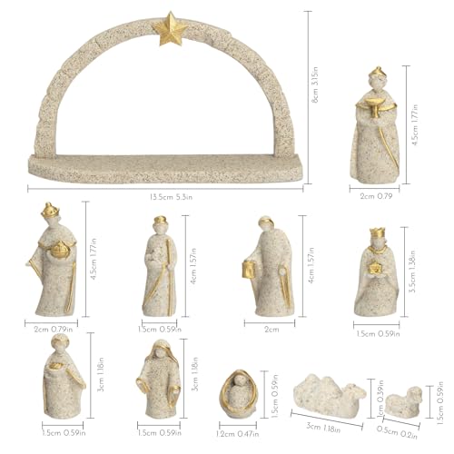 VELLORUM Nativity Scene Set with Arch – 11 Resin Figurines, Gold Accents