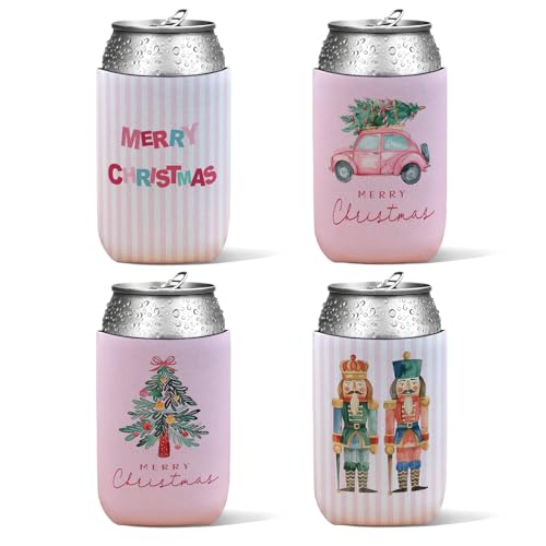 SJDFCSA Christmas Nutcracker Reusable Neoprene Can Cooler Sleeve - Pink Merry Christmas Theme, 4 Pack