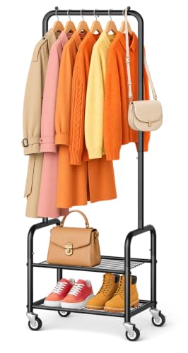 AOODA Small Black Rolling Clothes Rack with Shelves - 18.5" Portable Garment Rack