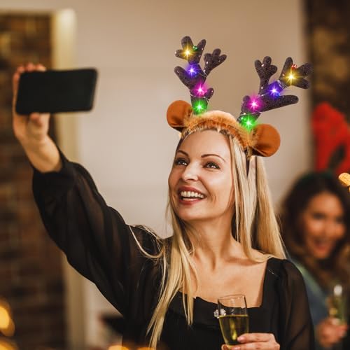 Chuangdi LED Reindeer Headbands with Dark Brown Antlers - Holiday Costume Accessory