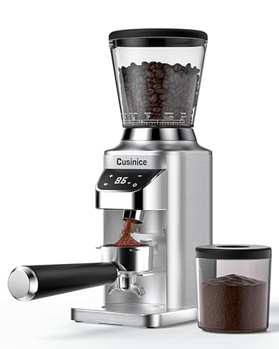 Cusinice Brushed Silver Conical Burr Coffee Grinder with 0.1s Timer & Anti-Static Design