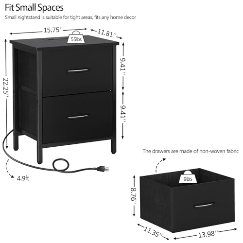 Vagusicc 2-Pack Black Nightstands with Charging Station, USB & Power Outlets