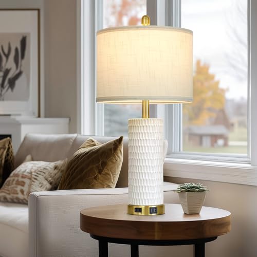 White Ceramic 3-Way Dimmable Touch Table Lamp Set of 2 - Rustic Farmhouse Nightstand with USB & Outlets - Variation White-1