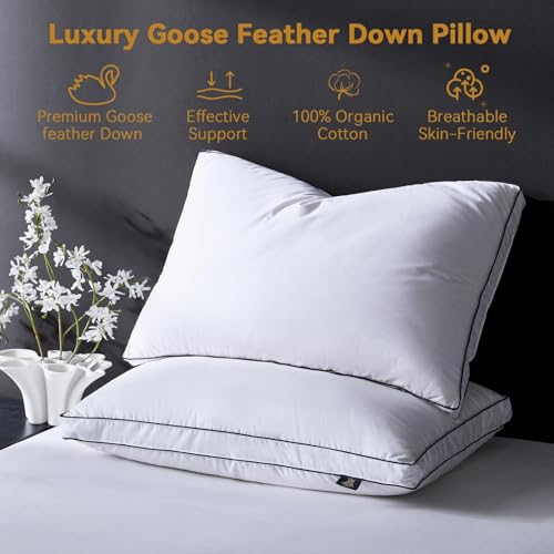L LOVSOUL Queen Size Goose Feather Down Pillow 20x30in Organic Cotton Soft Supportive Bed Pillow for Sleepers White