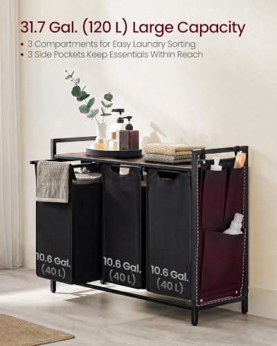 Laundry Hamper with Shelf and 3 Removable Bags - Black + Rustic Brown, 120L