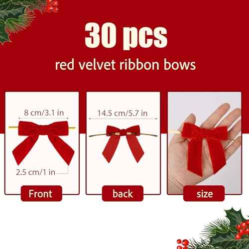 30pcs 3.1inch Small Red Velvet Bows for Christmas Tree Ribbon Bows with Twist Ties for Wreath Garland Handmade Christmas Ornament Crafts Gift Wrapping Treat Bags (Red)