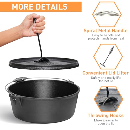 NSIRONS 12 Qt Cast Iron Dutch Oven with Lid & Lid Lifter for Camping & Cooking