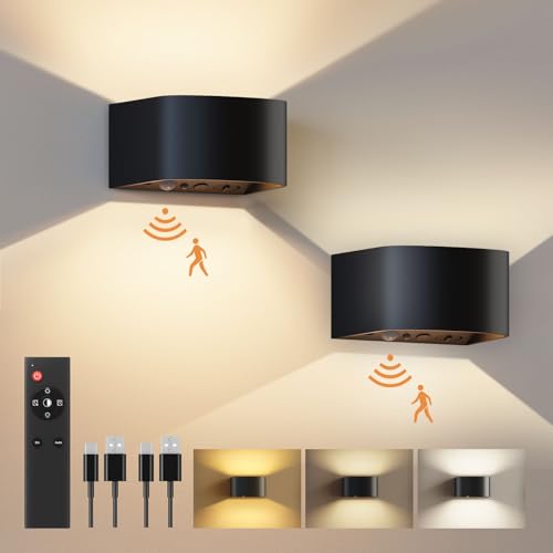 Black Motion Sensor Wall Light with Remote Control 3 Colors - 2 Pack