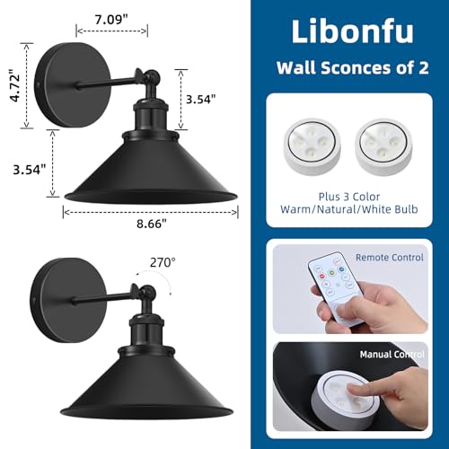 Battery Operated Wall Sconce Set of 2 - Dimmable Indoor Wall Lights with Remote, Black