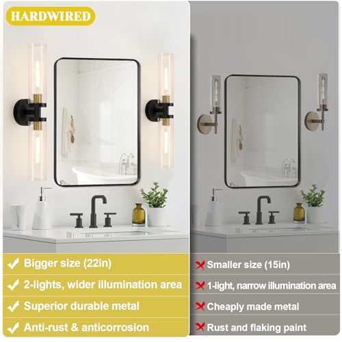 Black and Gold Wall Sconces Set of 2 - 22-Inch Hardwired Bathroom & Living Room Lighting - Variation of Black and Gold / Hardwired-22 Inch-2PC