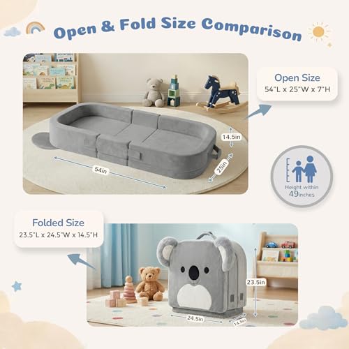 Zelladorra Grey Koala Toddler Travel Bed - Portable Floor Bed with Removable Washable Cover