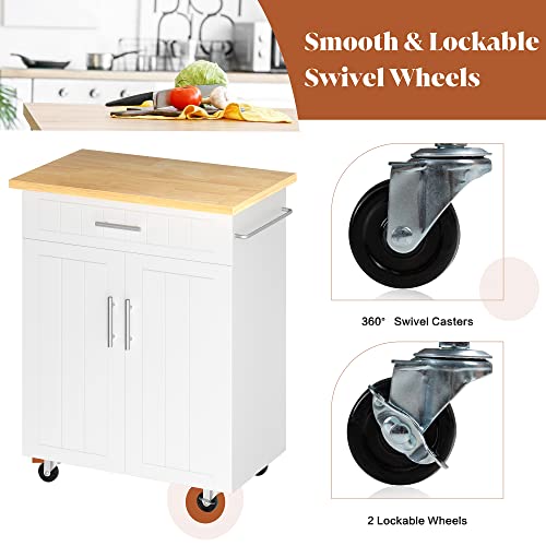 White 26-Inch Rolling Kitchen Island Cart with Drawer & Shelves