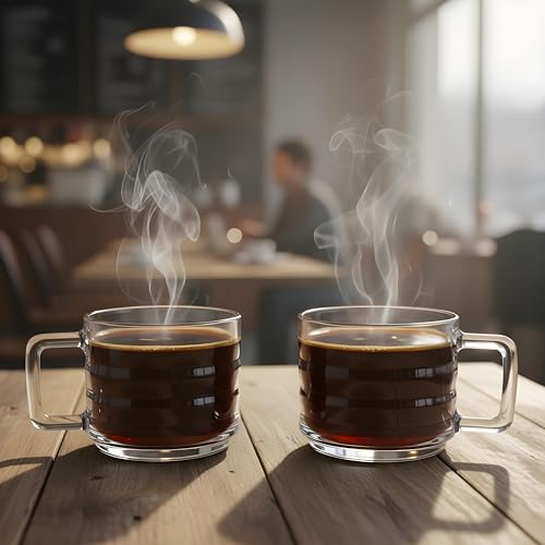 Set of 6 Stackable Fully Tempered Glass Coffee Mugs with Ribbed Design 250cc/8.5oz Turkish Coffee Cup