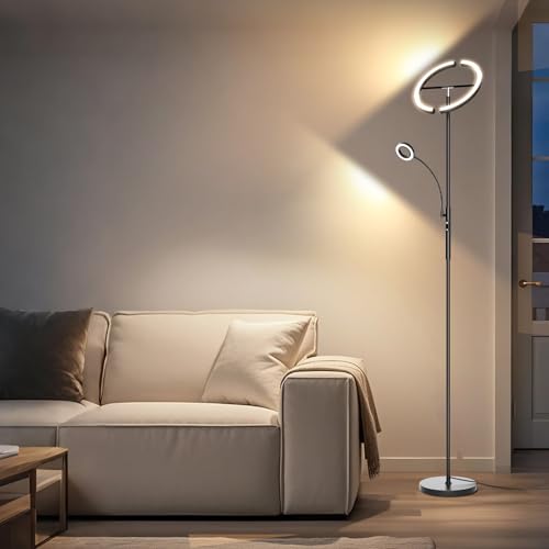 Black LED Floor Lamp with Reading Light - Dimmable Tall Standing Lamp with Remote & Touch Control for Living Room & Bedroom