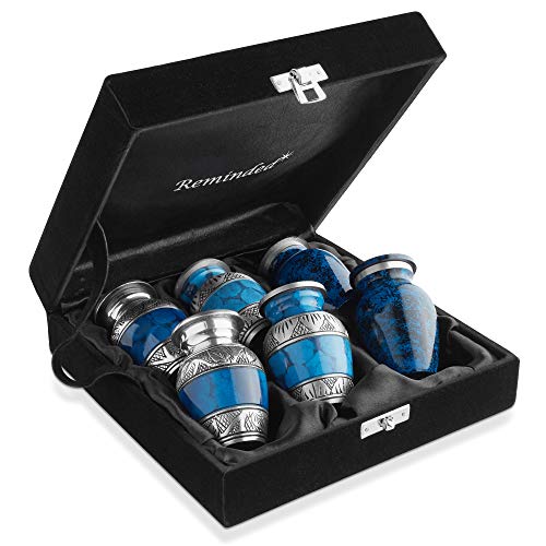 Mini Cremation Urns Set of 6 - Blue & Silver Keepsake with Velvet Case