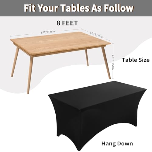 Fixwal 8FT Black Fitted Spandex Tablecloth - 6 Pack, Rectangular, Stretchy and Wrinkle-Resistant