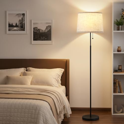Tall Floor Lamp with Linen T-Shades & Black Pole - Modern 60-Inch Standing Light with 3 CCT Modes