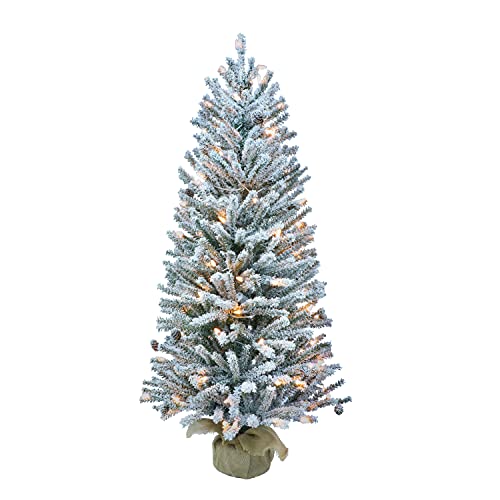 Puleo International 3' Flocked Fir Artificial Christmas Tree with 50 Clear Lights, Pine Cones