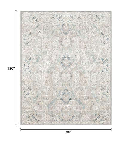 8x10 Indoor Area Rug - Vintage Retro Non-Slip Washable Chenille Home Carpet - Grey/Blue/Teal/Green/Tan - Lightweight, Low Pile, Perfect for Living Room & Bedroom (Warm Grey/Blue, Rectangular)
