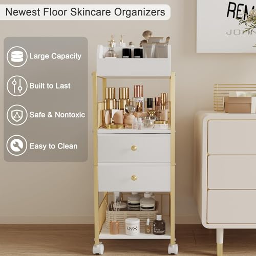 Makeup Organizer Storage Cart with Drawers - Gold, Large Capacity & Rotating Casters