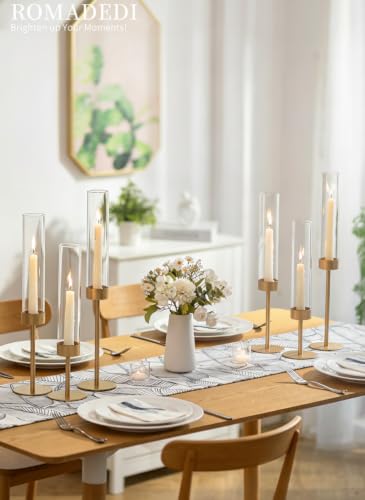 Romadedi Set of 6 Gold Glass Hurricane Candle Holders - Elegant Taper Candle Stands