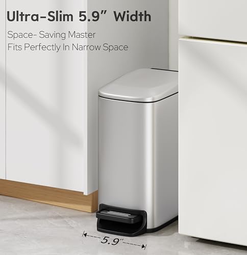 TIPGO Small Bathroom Trash Can with Lid - 1.6 Gallon, Silver, Soft Close