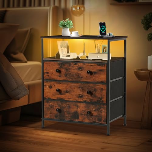 Rustic Brown 3-Drawer LED Nightstand with USB Charging Station & RGB Light