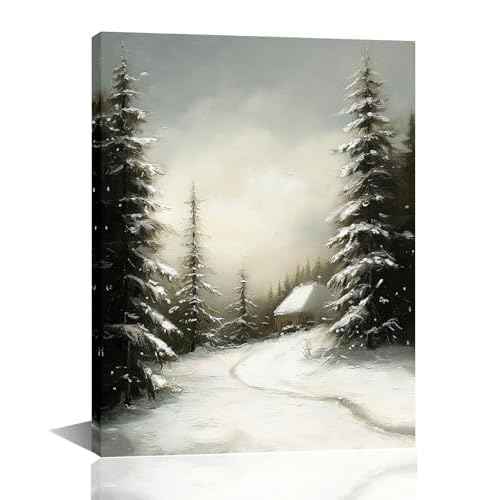 MIMAJIE Christmas Canvas Wall Art - Winter Snowscape Forest Landscape Print, Rustic Xmas Decor for Bedroom, Living Room, Holiday Home Decoration 12x16 Inches