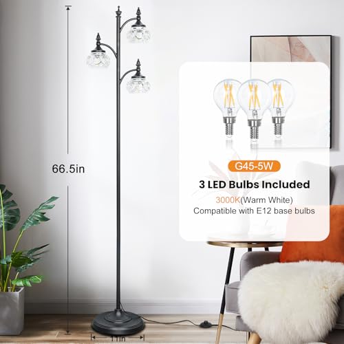 Black Floor Lamp with 3 Rotatable Glass Shades, Dimmable Tall Standing Lamp for Living Room & Bedroom