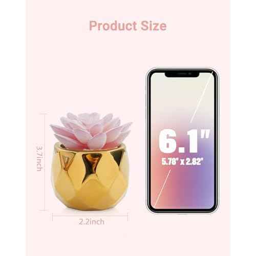 VIVERIE Mini Succulents Plants Artificial in Pots-Pink with Golden Ceramic, Christmas Small Fake Succulents Plants for Home Decor Indoor for Women, Golden Ceramic Faux Succulents, Gifts for Mom