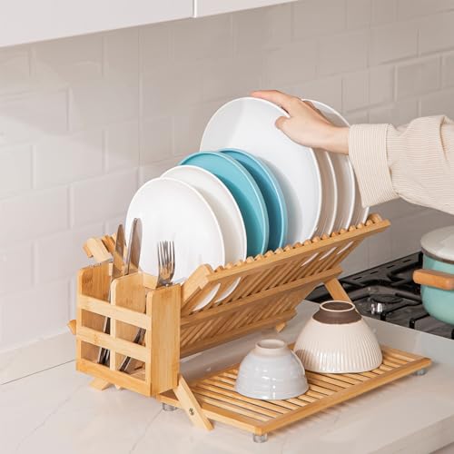 Bambooa 3-Tier Collapsible Bamboo Dish Drying Rack with Utensil Holder