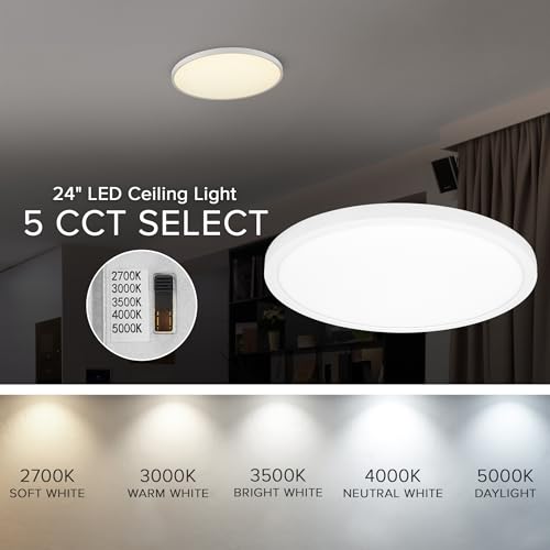 24 Inch White LED Ceiling Light Fixture with 5 CCT, 3300 Lumens, Damp Location