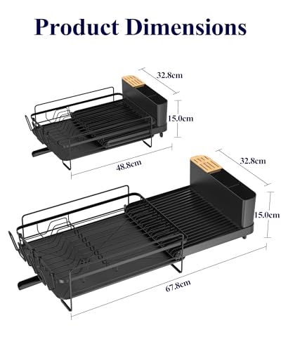 Extendable Dish Drying Rack Black - Adjustable Kitchen Drain Organizer with Cutlery & Cup Holders - Standard Variation