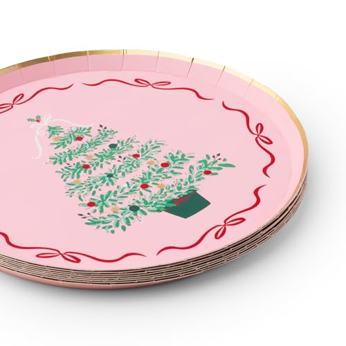 Bonjour Fete Pink Christmas Tree Plates, Dessert Size, 8 Pack, 8in