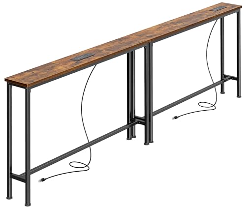 SUPERJARE 78.8-Inch Narrow Behind Couch Table with 2 Charging Stations, Rustic Brown, 5.7"D x 78.7"W x 29.7"H