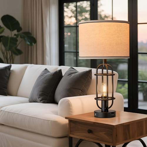 Reaketon 22.3” Farmhouse Table Lamps Set of 2 - Matte Black with USB Charging Ports