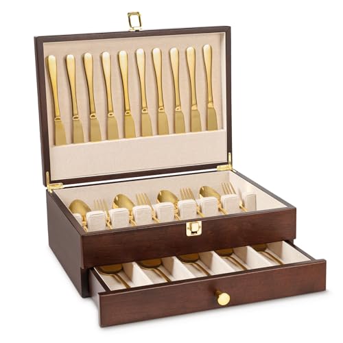 2-Layer Walnut Silverware Storage Box with Drawer and Linen Liner