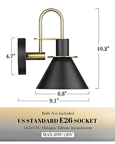 Black and Gold Industrial Wall Sconce Set of 2 - Modern Bathroom Vanity & Bedroom Lighting, Medium