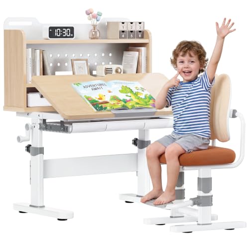 Kids Adjustable Wooden Desk and Chair Set - Ergonomic Study Furniture for Ages 5-14