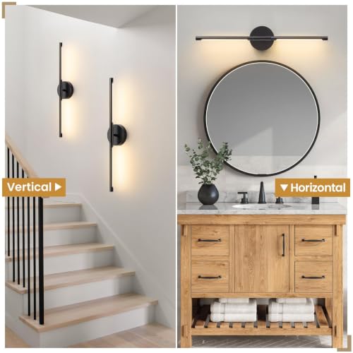 Black 24-Inch Modern LED Wall Sconce Set of 2 - Rotatable, Dimmable, Color Adjustable