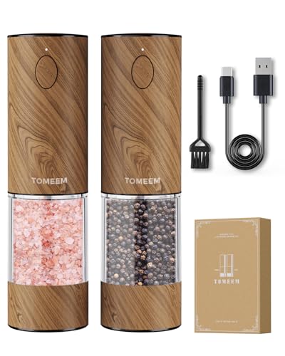 TOMEEM Rechargeable Electric Salt & Pepper Grinder Set - Large Capacity, Wood Color