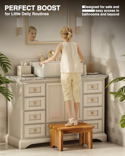 FANATU 9-Inch Wooden Bed Step Stool with Handle, Heavy Duty Acacia Bathroom & Kitchen Step